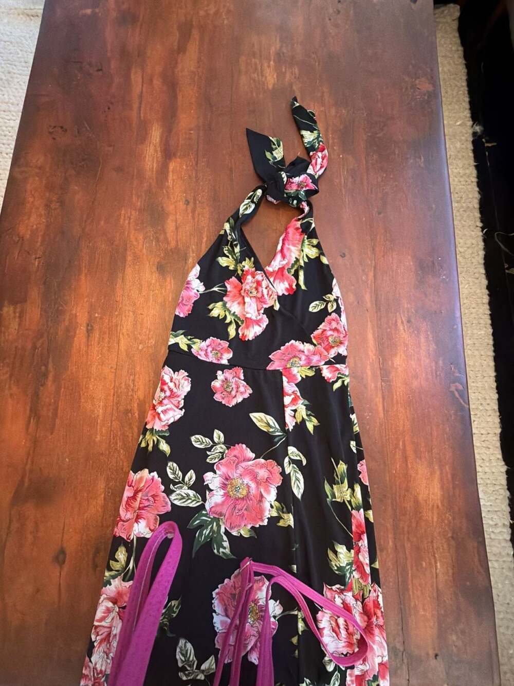 Express Women's Black and Pink Floral Print Halter Maxi Dress